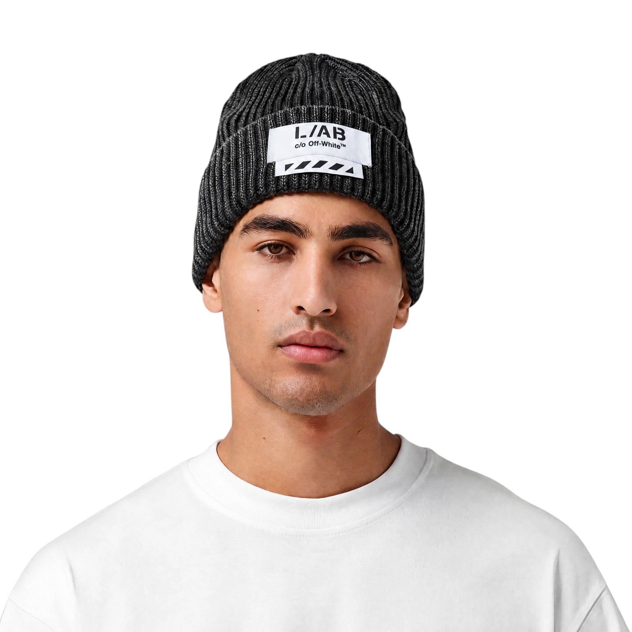 L/AB c/o Off-White Stacked Diagonal Woven Label Cuff Beanie - Black - BLACK